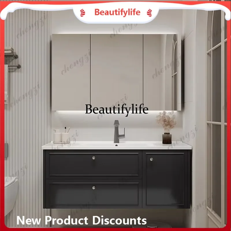 E182 Intelligent French cream wind ceramic integrated basin, rubber wood bathroom, combined wash basin cabinet