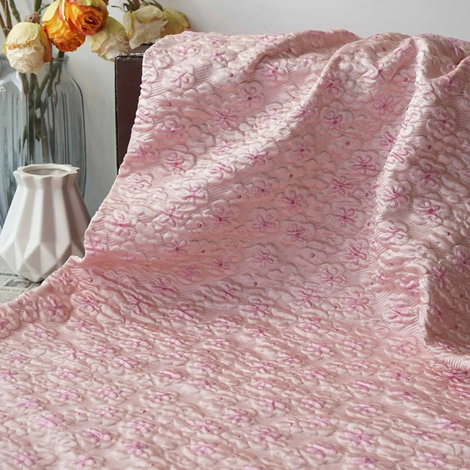 

Elegant embossed pink flower bubble jacquard fabric handmade DIY sewing clothing decoration, tablecloth, home decoration fabric