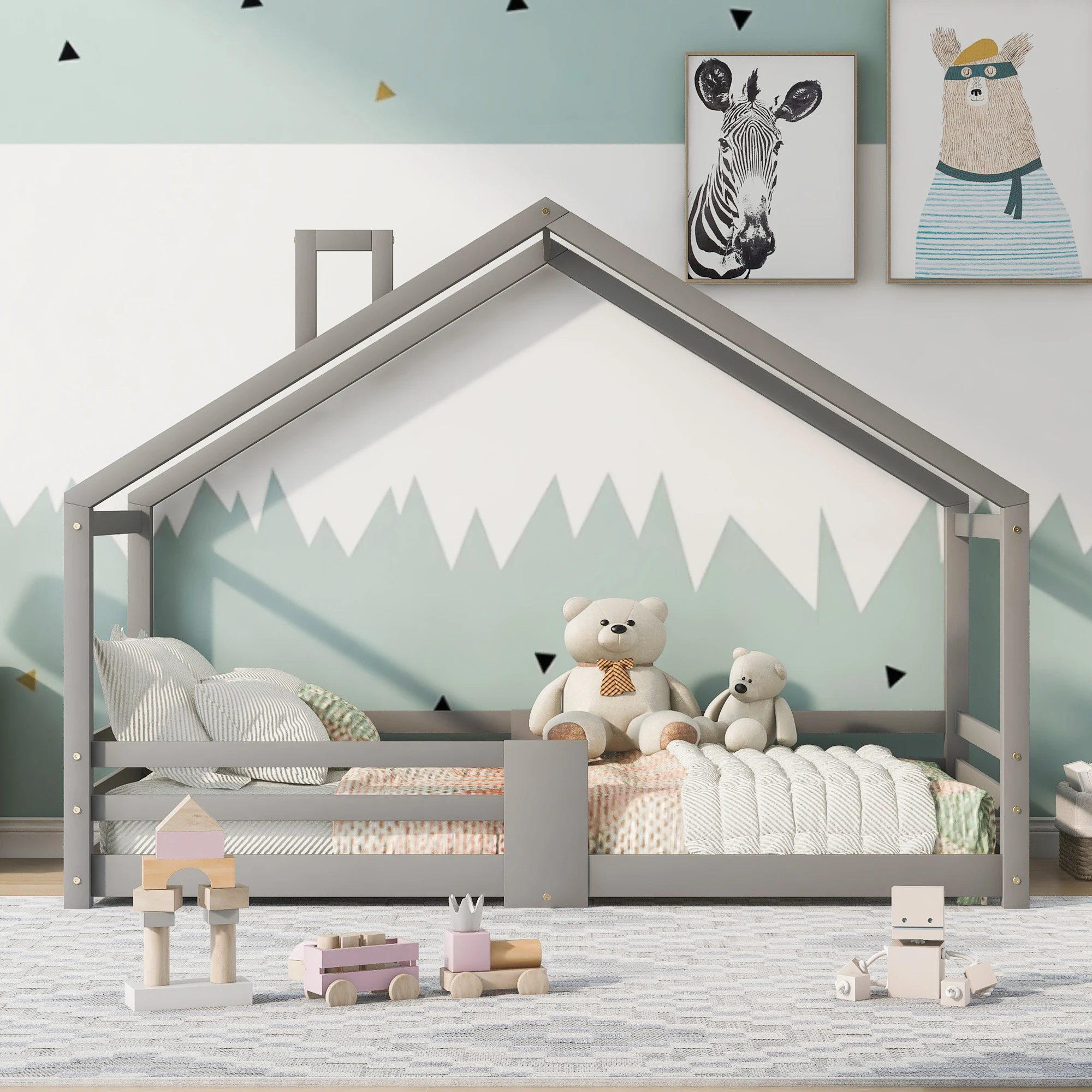 KOMHTOM Letto per bambini 90x200 cm in legno di pino con camino, protezione contro gli scatti e robuste reti a doghe, senza materasso