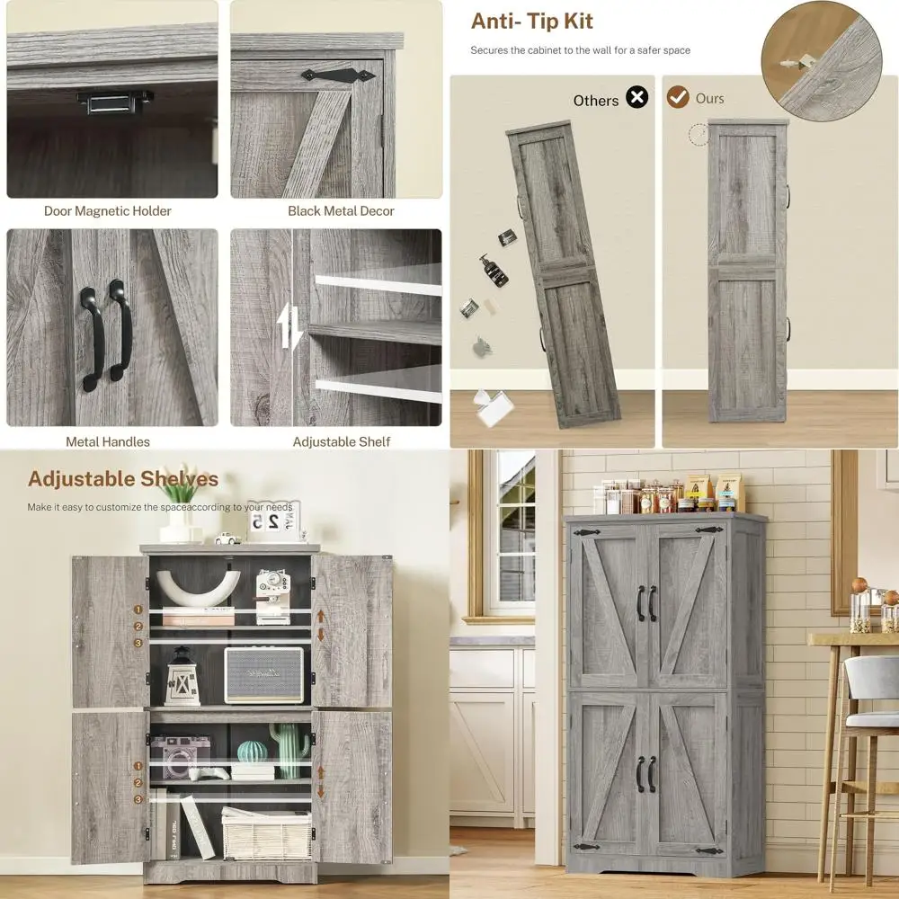 

Серая фермерская шкаф в деревенском стиле с регулируемыми полками и 4 дверцами для хранения в кухне, ванной комнате, гостиной