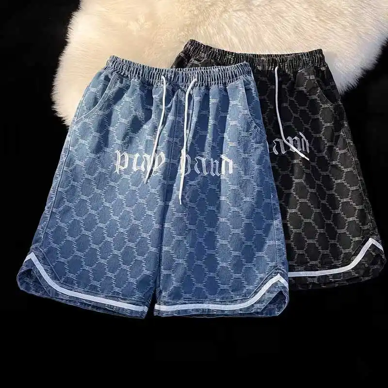 

Embroidered Denim Shorts Men's Summer Trendy High Street Hip Hop Split Sports Casual American Five-Point Shorts
