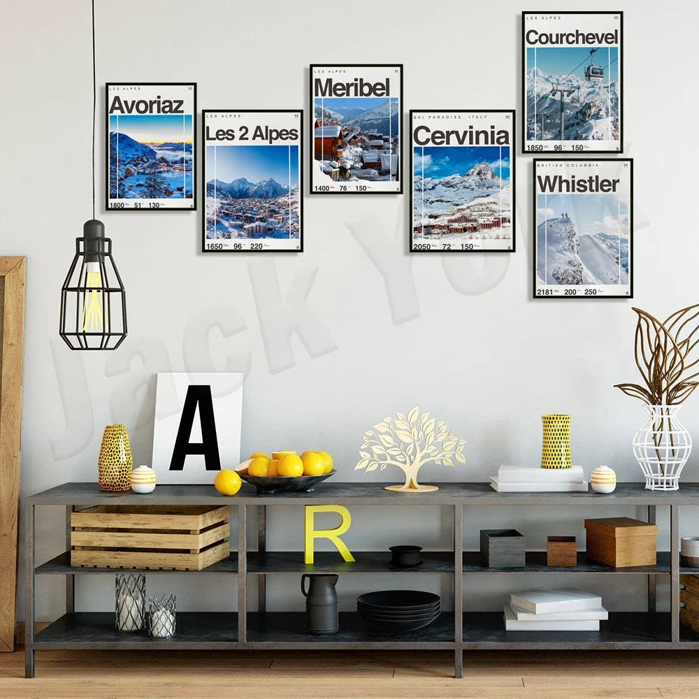 Meribel Ski, Avoriaz, Courchevel France Ski, Cervinia Italy, 캐나다 휘슬러 스키 리조트 파라다이스 포스터, Les Alpes, 스노우보드