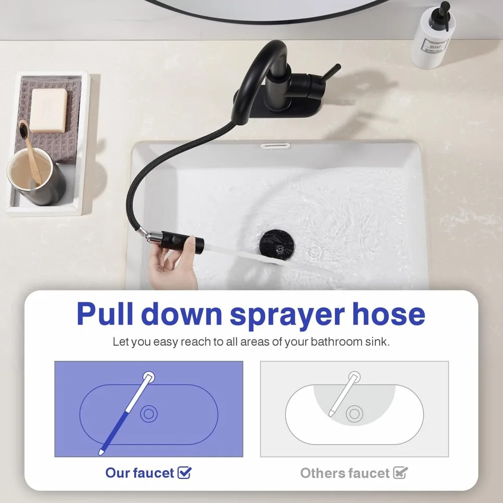 Matte Black Pull Down Bathroom Sink Faucet with Sprayer & Pop-Up Drain, Easy Install Single Handle Basin Tap for Home