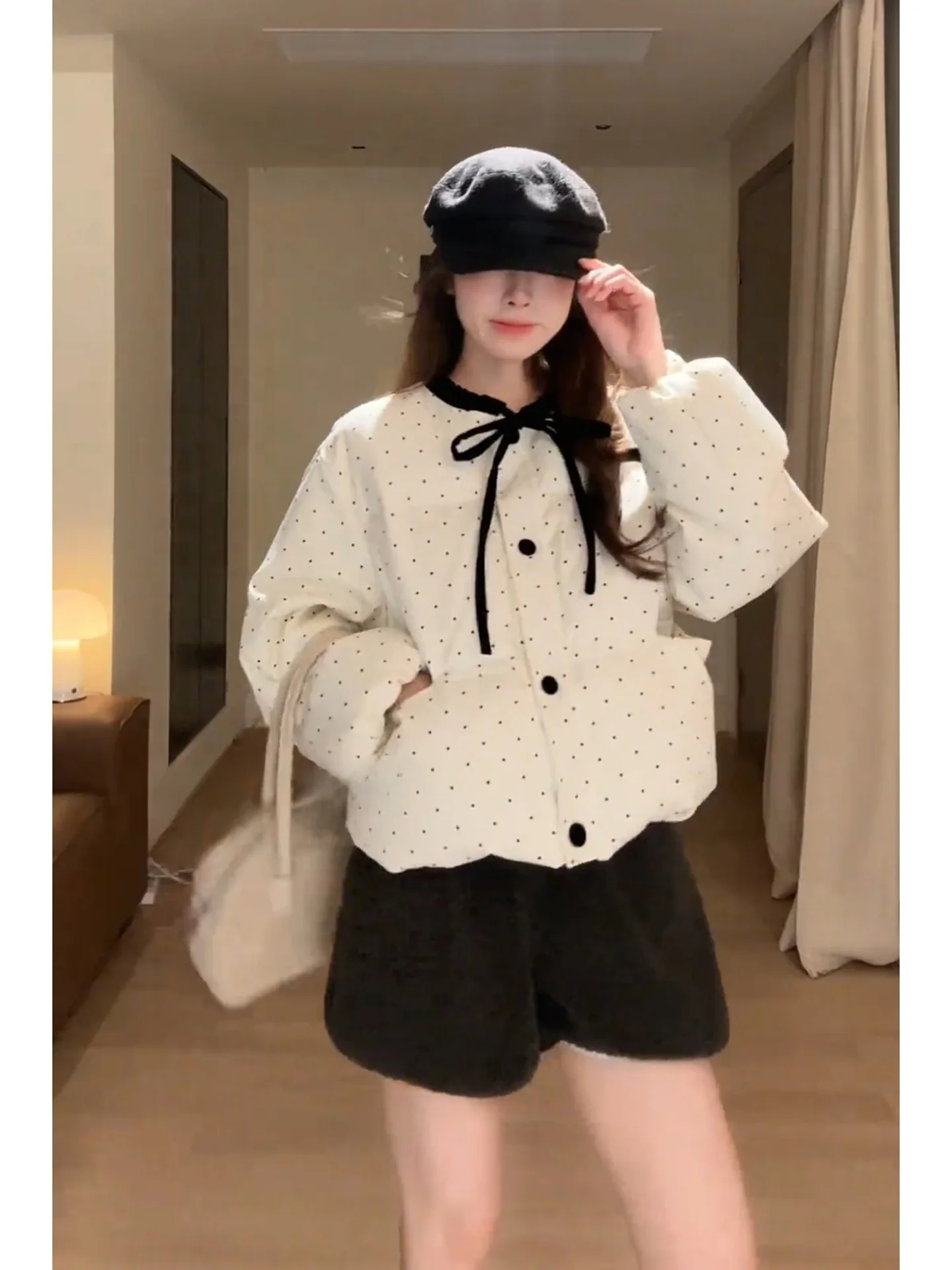 

Корейский Sle Sweet в горошек с узлом из хлопка, женская верхняя одежда, зимняя мода, маленький размер, очень привлекательный...