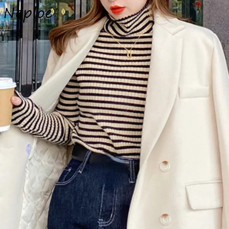 Neploe Vintage Knitted Pullover Pull Femme Turtleneck Women Stripe Contrast Color Long Sleeve Jumpers Jersey Mujer Sweaters