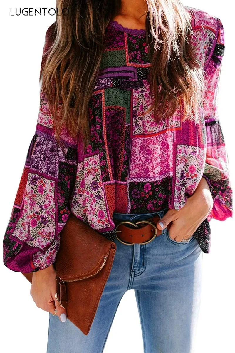 Camisa bohemia de gasa para mujer, Top holgado informal de manga larga, blusa fina con estampado de cuello redondo para verano