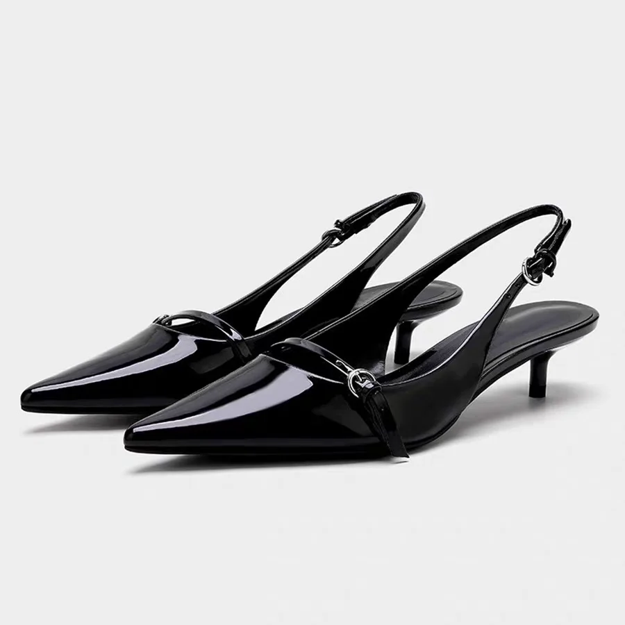 

Новые осенние женские кожаные мюли с росписью, украшенные синим декором, с ремешком на пятке, с острым носком, на каблуке, с открытым носком, модные туфли-лодочки