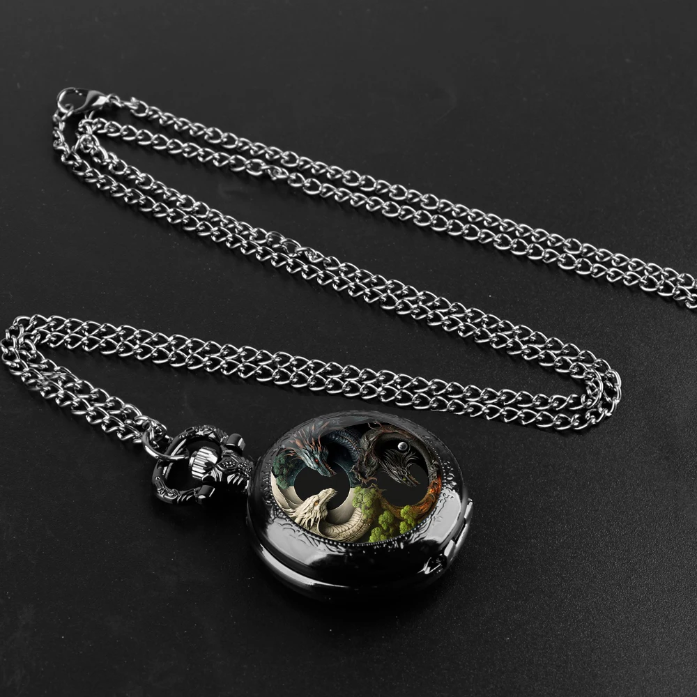 Mysterious Cool Dragon Design Glass Dome Vintage Quartz Pocket Watch Men Women Pendant Necklace Chain Clock Watch Jewelry Gifts