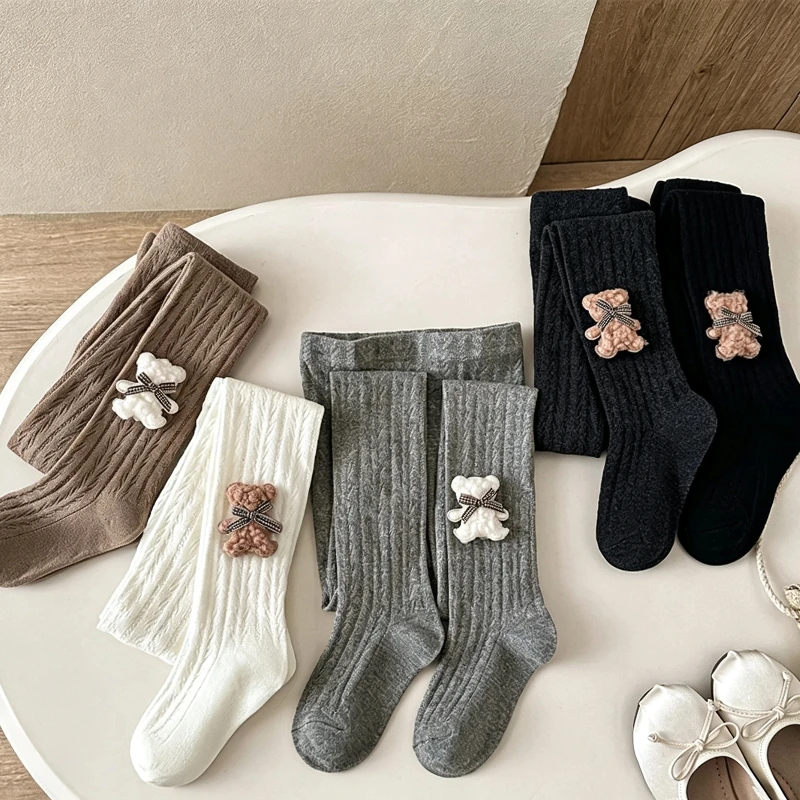 Fluffy Bear And Bow Decor Pantyhose Cute Little Girls Wear Resistant Anti Pilling Texture Comfort Stretch Fabric Daily Leggings view 6