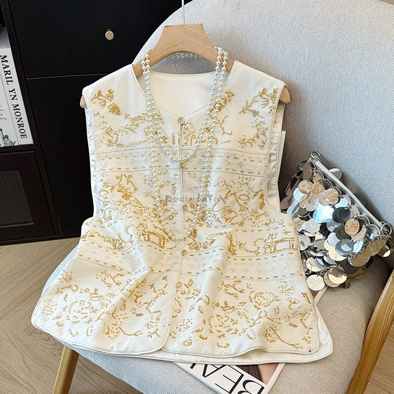 

2025 китайский улучшенный ретро-модный стиль, жилет с вышивкой бисером, женский топ без рукавов, женский повседневный костюм Тан, жилет, топ t001