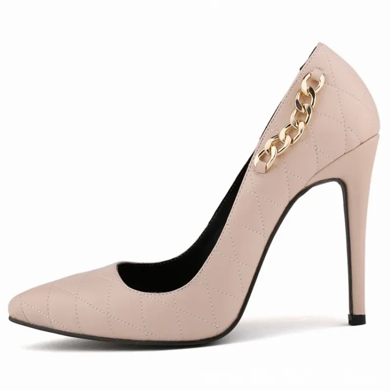 Loslandifen nova moda feminina sexy corrente stilettos clássico apontou dedos 6.5cm super alta primavera marca design sapatos de festa