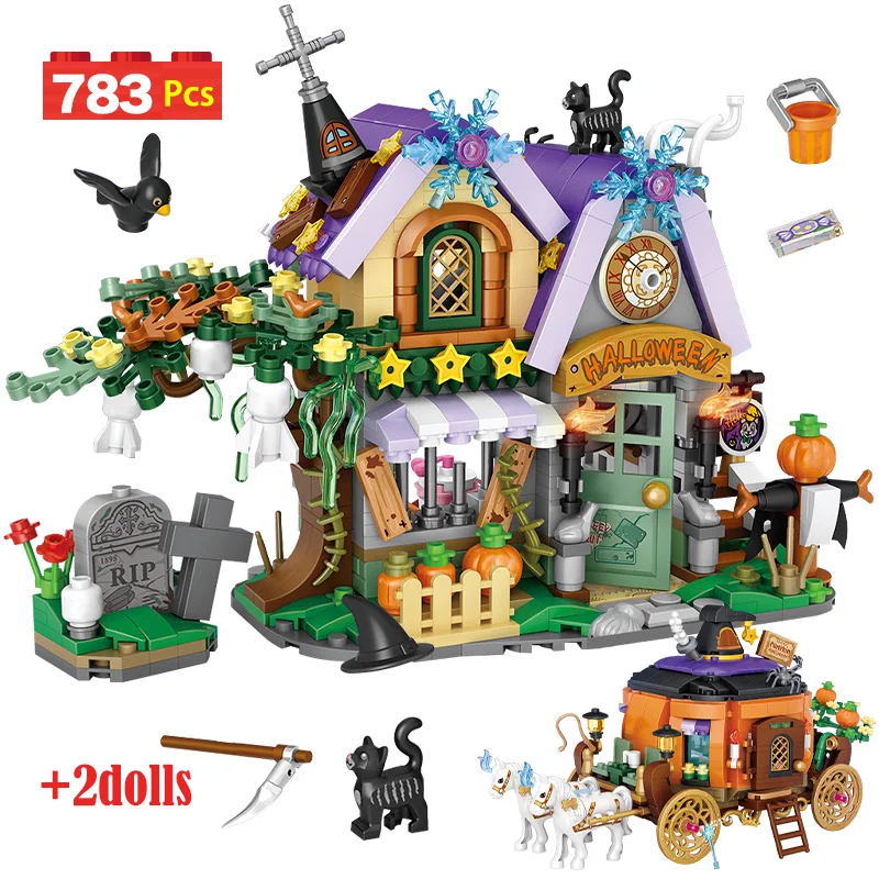 

783pcs City Mini Halloween Architecture Building Blocks Friends House Cottage Pumpkin Carriage Figures Bricks Toy for Kids Gifts