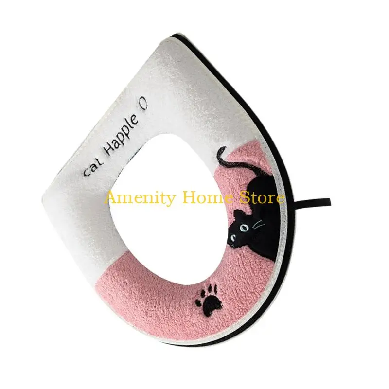 F26C Thickened Flannel Toilet Seat Cover Warm Winter Cats Design Toilet Seat Cushion Bathroom Accessory Easy Installation