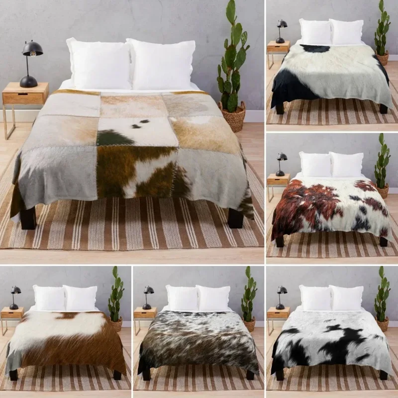 Cowhide Flannel Throw Blanket Brown Black White Colour Fur for Bed Sofa Couch King Queen Size Blanket Super Soft Lightweight