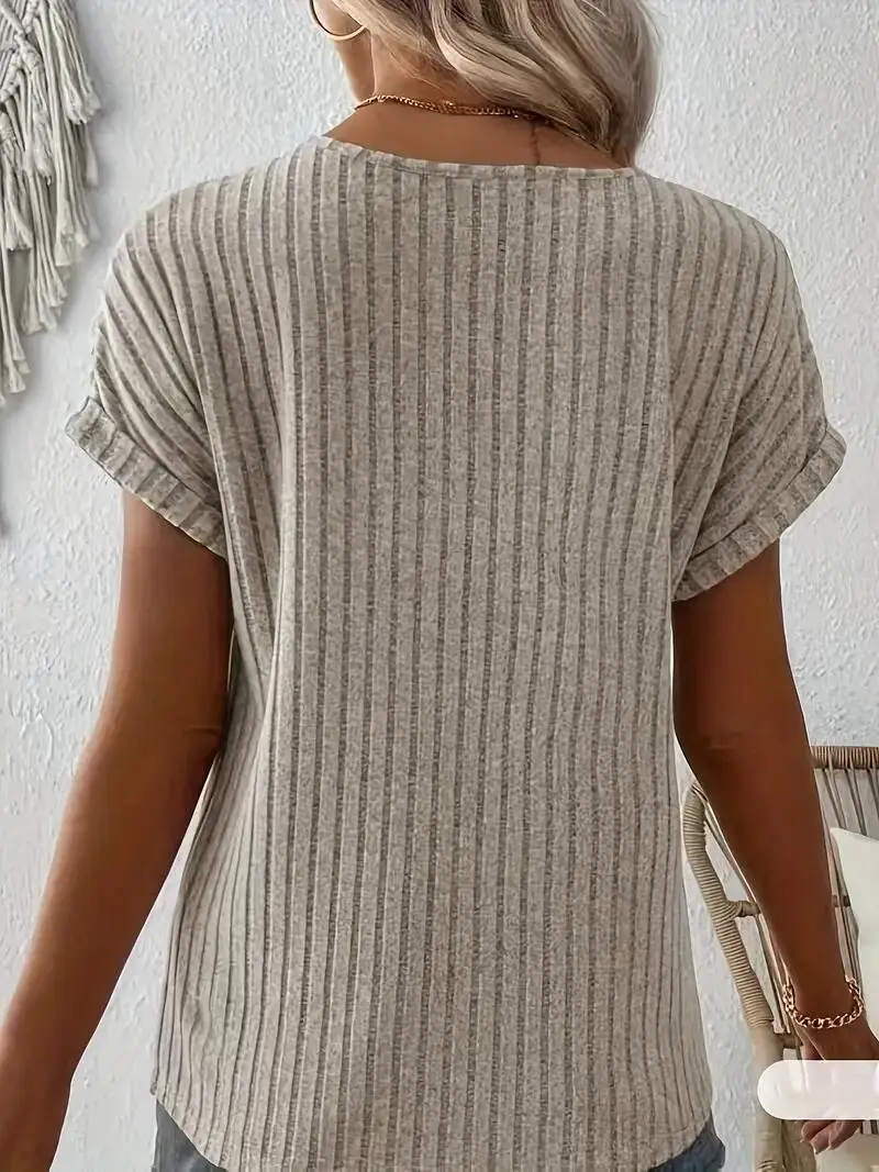 Spring/summer new solid color ribbed top V-neck button decorated elegant T-shirt ladies S-2XL