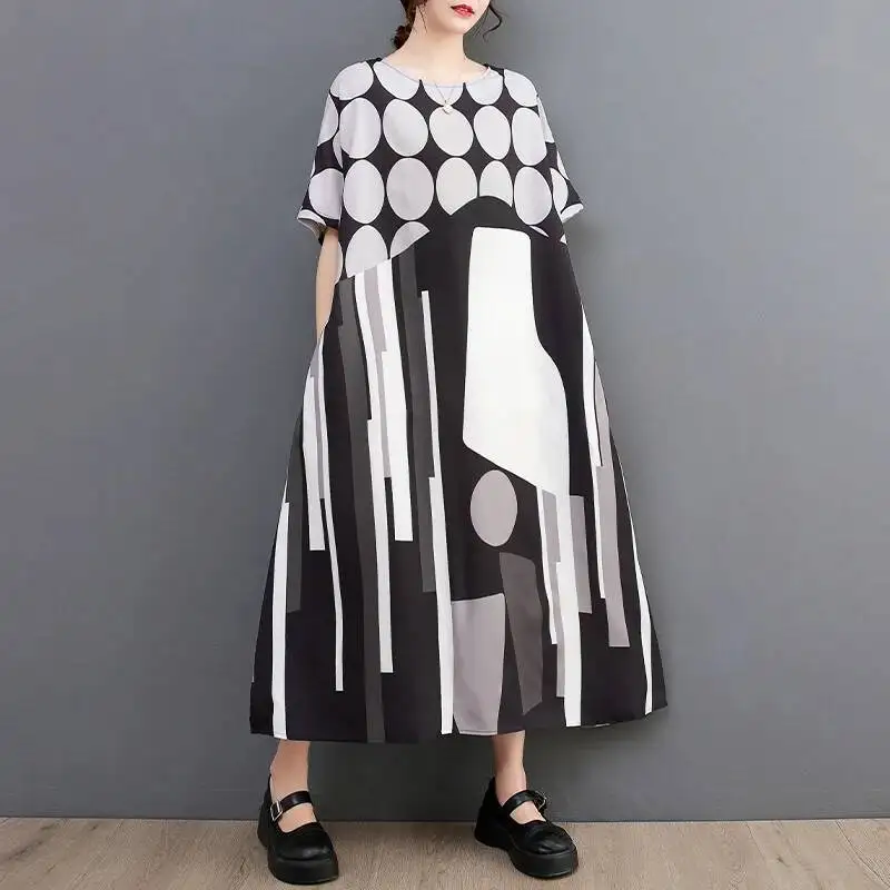 # 0122 Bedrucktes A-Linien-Kleid Damen O-Ausschnitt Langes T-Shirt-Kleid Kurzarm Lässiges Vintage Midi-Kleid Damen Retro Kleider