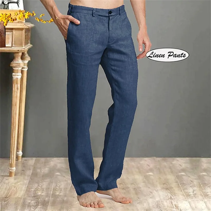 

Новые модные мужские повседневные модные свободные однотонные брюки со средней талией, простые базовые прямые льняные брюки, мужские брюки, нижняя одежда