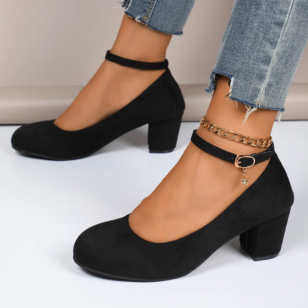 Women Pumps New Autumn Thick Heels Shoes for Women One-line Buckle Shallow Mouth High Heels Women Large Size Sexy Work Pumps