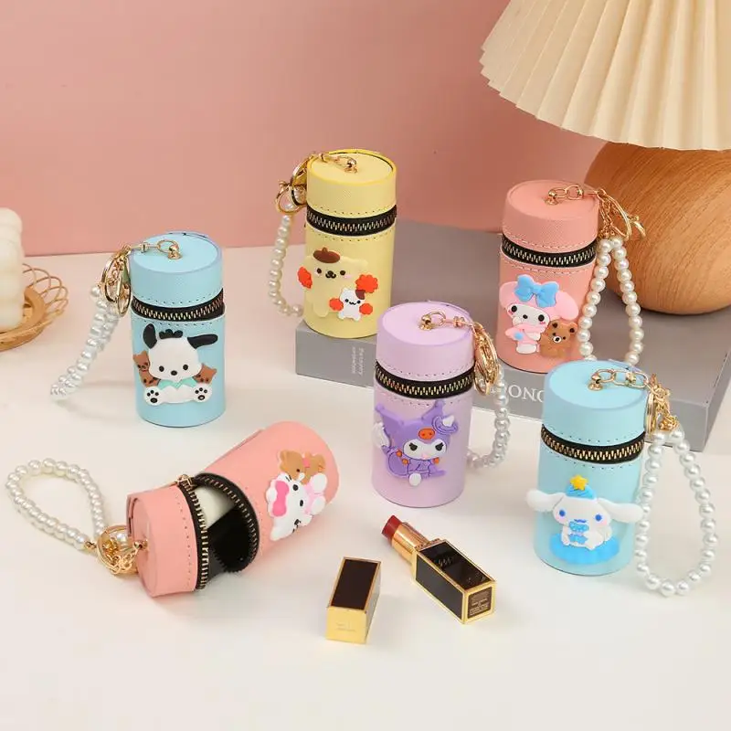 New Cartoon Sanrio Hello Kitty Coin Purse Kawaii Cinnamoroll Kuromi Anime Cylindrical Pearl Pendant Lipstick Bag Holiday Gifts ﻿