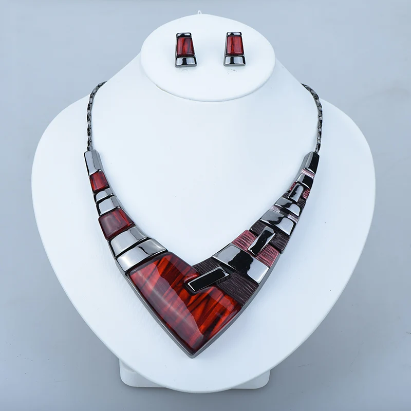 ICEYY Vintage Fashion Brand Red V shaped Resin Chunky Necklace Earrings Jewelry Set for women Free shipping Engagement Gift