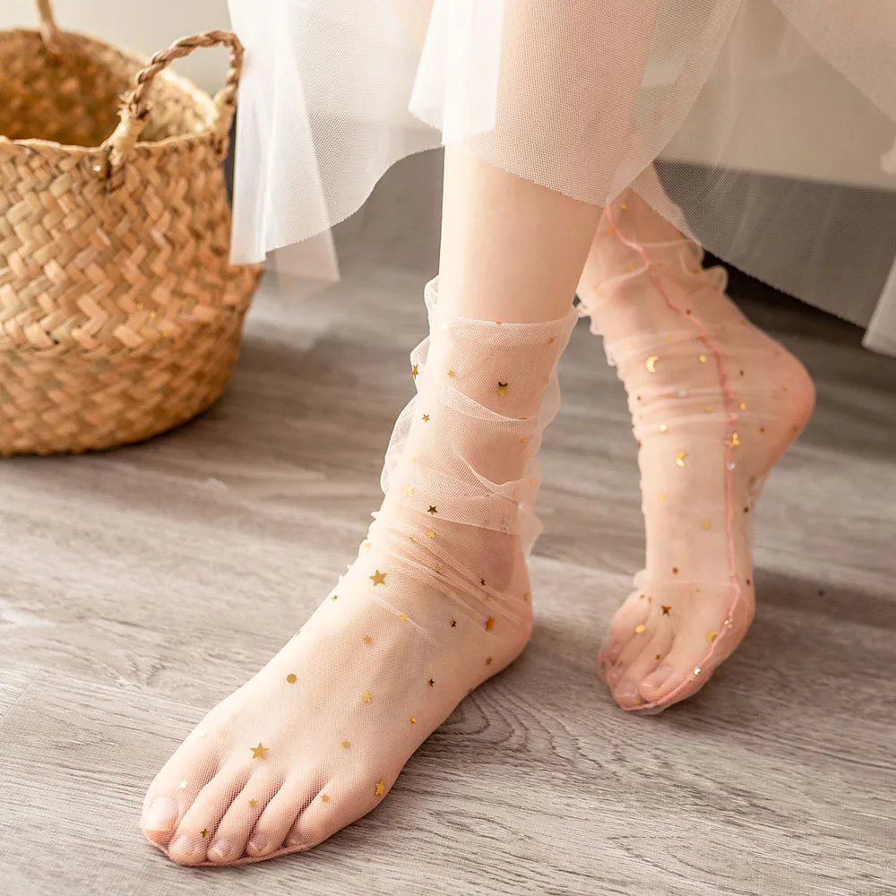 Women See Through Transparent Socks Star Sequin Summer Ultra-thin Socks Pile Up Socks Loose Long Socks Sweet Mesh Lace Socks Sox