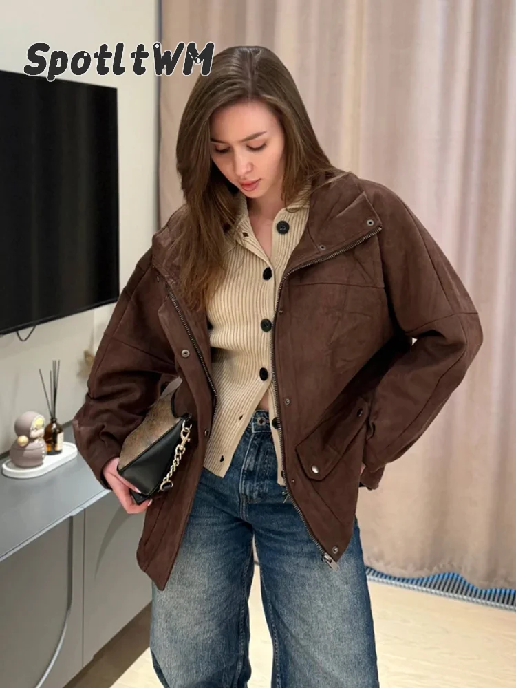 Women Faux Suede Jacket Stand Collar Zip Snap Button Loose Long Sleeve Multi‑pocket Casual Cargo Coat Vintage Autumn Outerwear