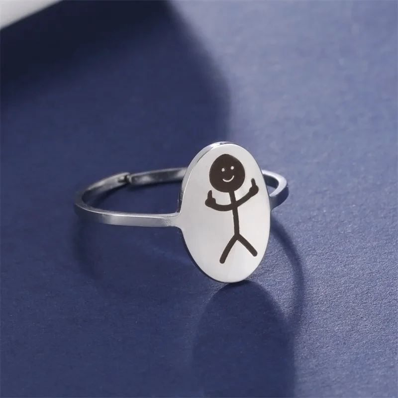 Trend Funny Middle Finger Stickman Ring for Women Stainless Steel Adjustable Open Ring Fashion  Fuxk You Doodle Rings Jewelry