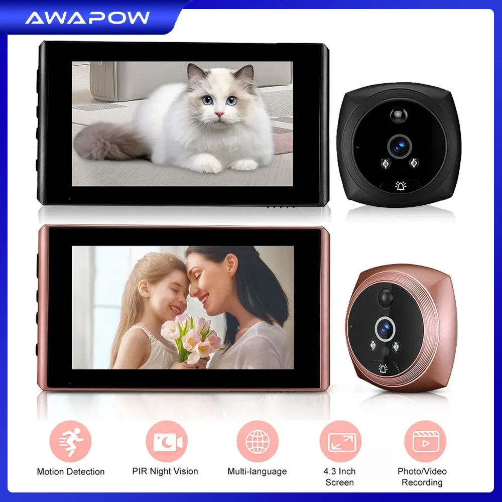 Awapow-ドアベル,4.3インチ,スマートホーム,動き検出,デジタルドアベル,暗視,ドアビューアー