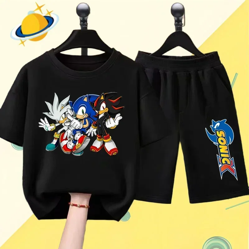 sonics Hedgehog Kids T-shirt Set Kawaii Anime Kids Cartoon Short Sleeve shorts Casual Clothing Girls Boys Sports shirt top