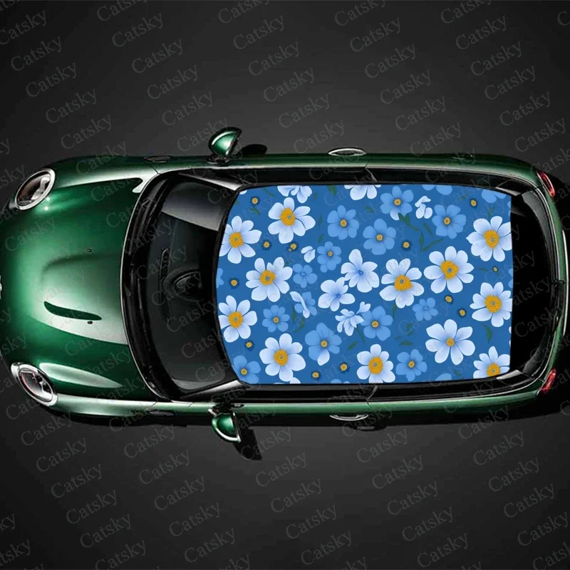 Blue With White Daisy Car Roof Sticker Wrap Racing SUV Accessories Packaging Painted PVC Custom Car Graphic Decal