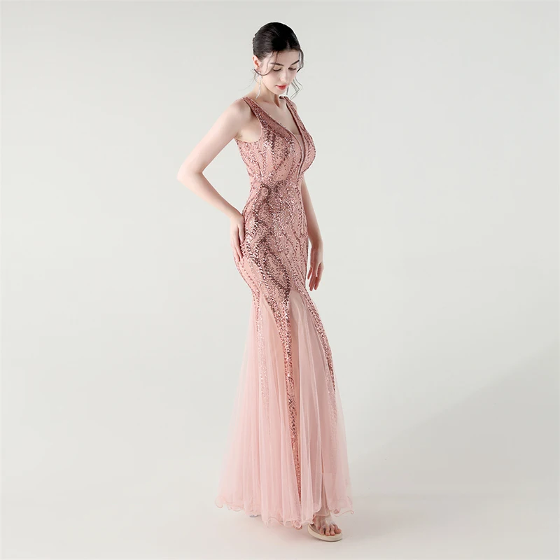 Elegant Sequin Evening Dress for Women V Neck Sleeveless Mermaid Prom Gown Formal Party Wedding Bridesmaid Long Dresses