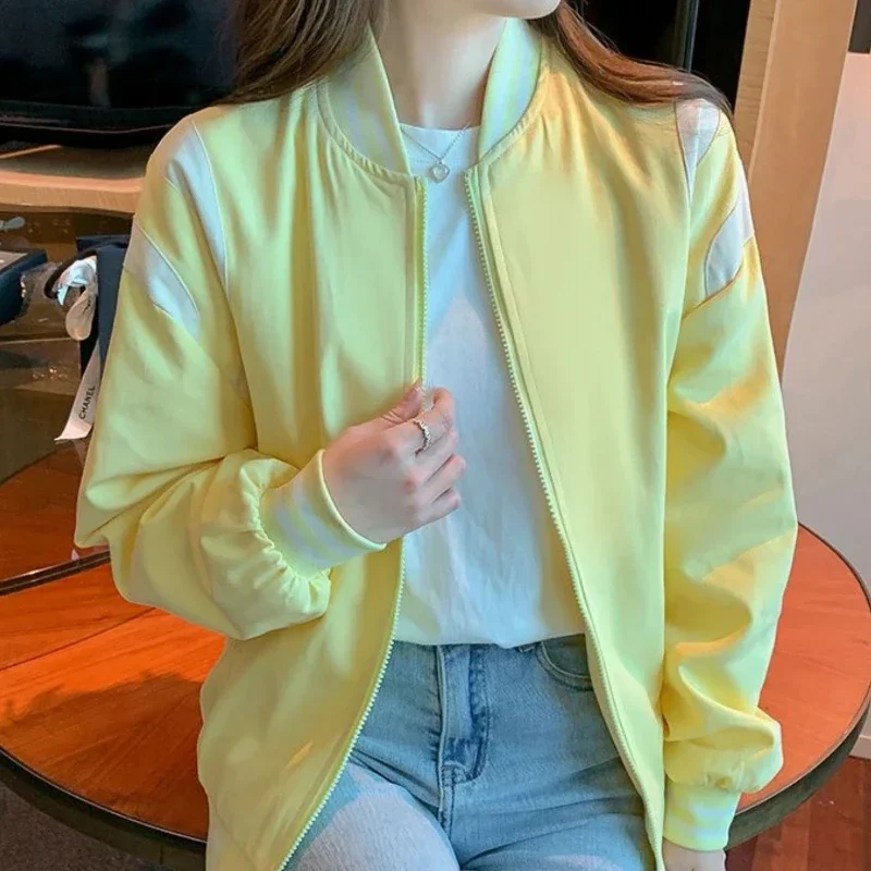 Women's Bomber Jackets Zip-up Female Baseball Aviator Coats Splicing Yellow Chic Youthful Long Sleeve Elegant 2025 Trend Deals