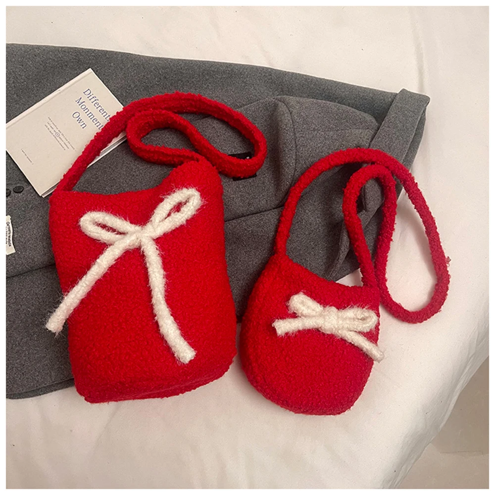 レッドプラッシュボウクリスマスカラーマッチングレディース2026新作シングルショルダーバッグ大容量バケットバッグクロスボディバッグ冬用