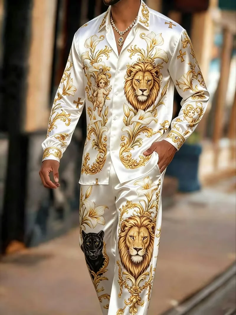 New Men's White Gold Baroque Lion Leopard Angel Set with Collar, Long Sleeve Shirt, Long Pants, Two Piece Set