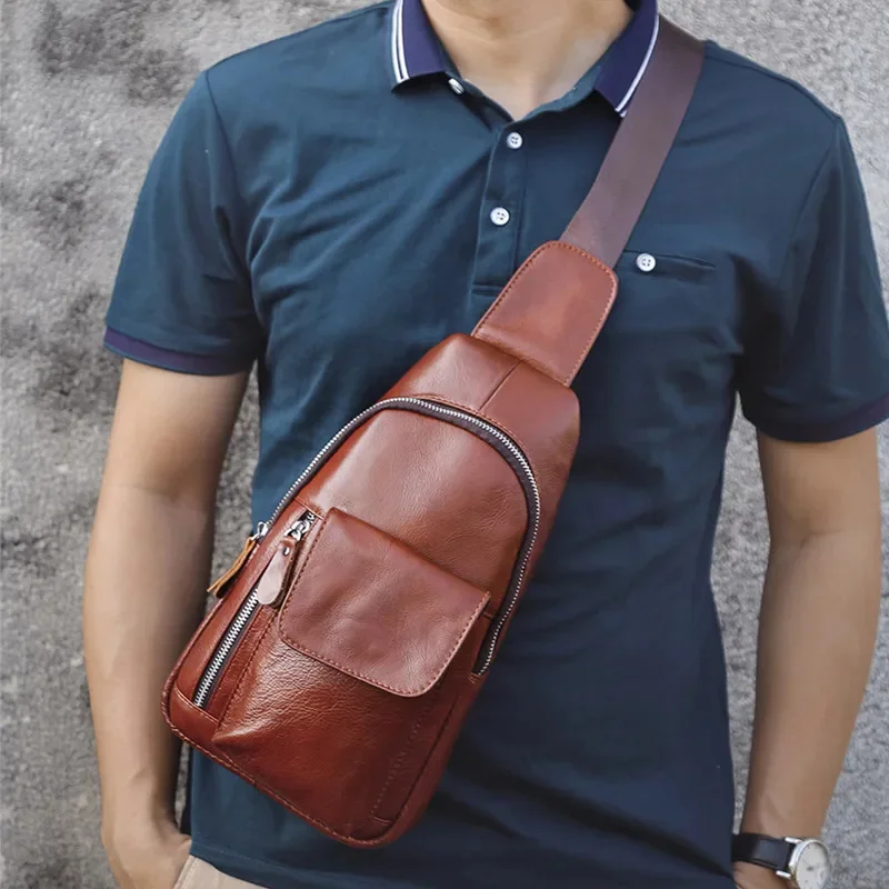 Vintage Genuine Leather Men's Chest Casual Cowhide Crossbody Large Capacity Male Shoulder Fashion Sling Bag