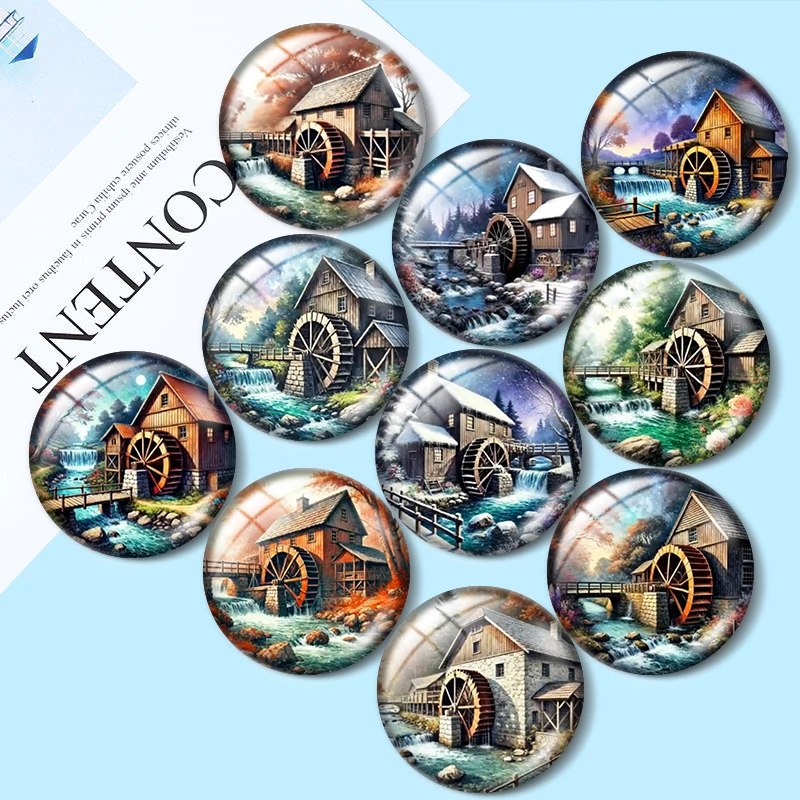 

Magic garden Watercolor Watermill 10pcs 12mm/16mm/18mm/25mm Round Photo Glass Cabochon Demo Flat Back Making findings
