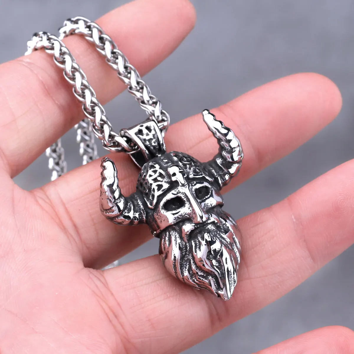 Stainless Steel Viking Odin Head Necklace Men's Vintage Hip Hop Skull Biker Pendant Necklace Scandinavian Jewelry Gift Wholesale view 2