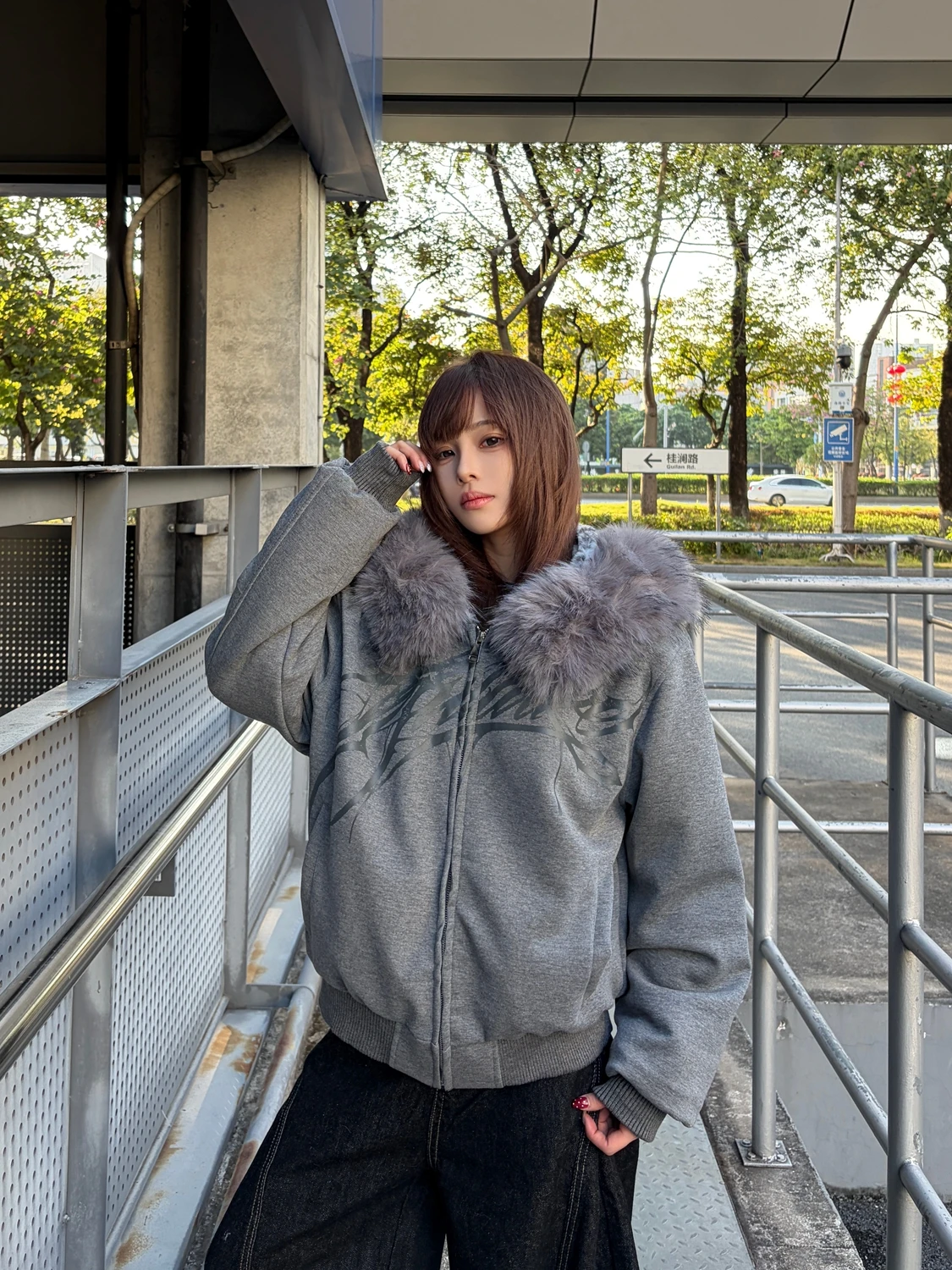 

Bodpeople Thiened Winter Jaet Street Sle Leopard Print with Fur Collar Women's Coat Warm Loose Fit Hooded Zipper Closure