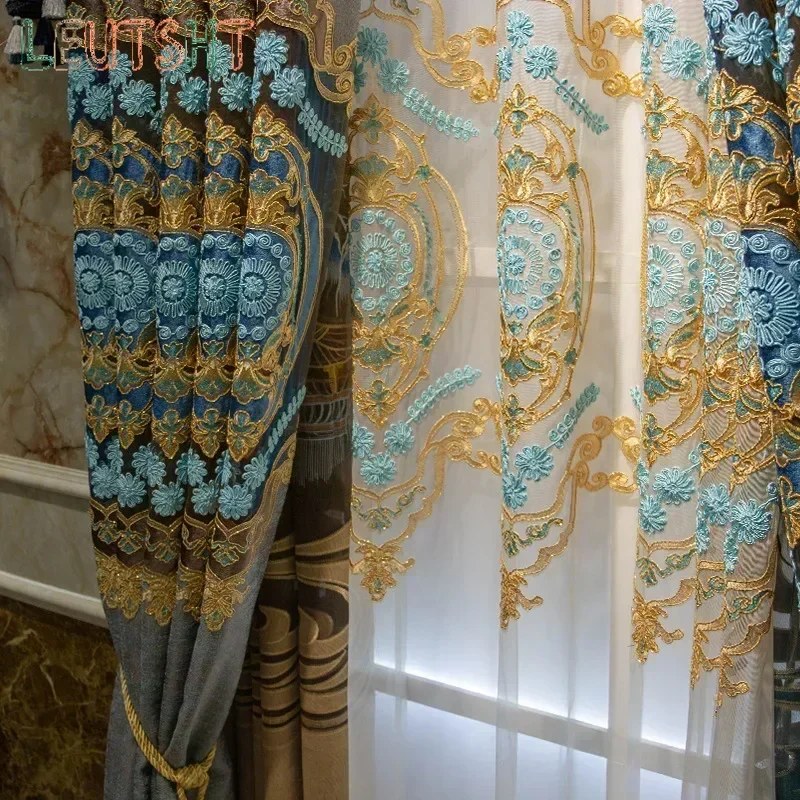 

Customized New Simple Retro European Curtains for Living Room window High-end Chenille Luxury Hollow Embroidery Villa High-end
