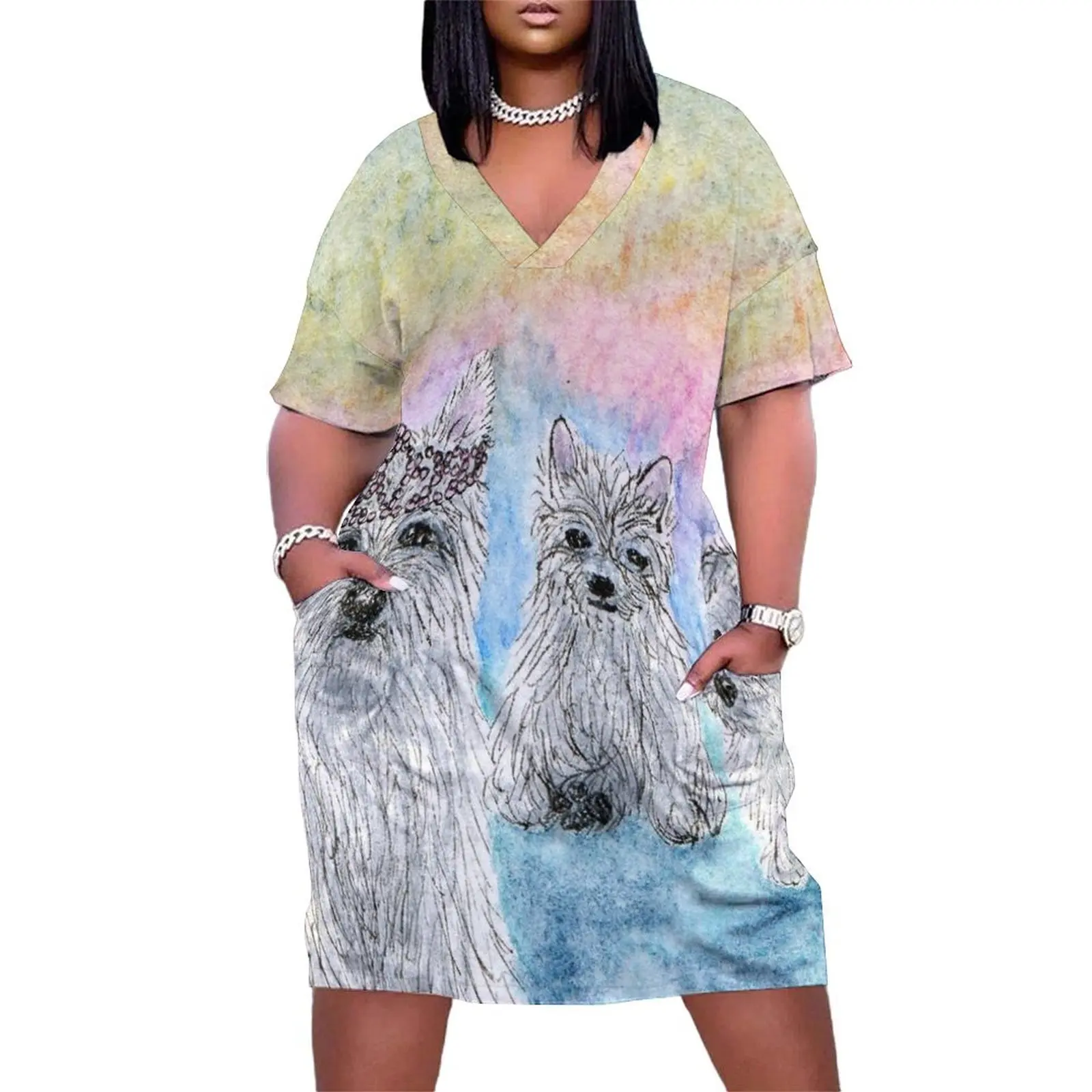 

West highland terrier dogs, queen westie Loose Pocket Dress Elegant gowns luxury woman evening dress