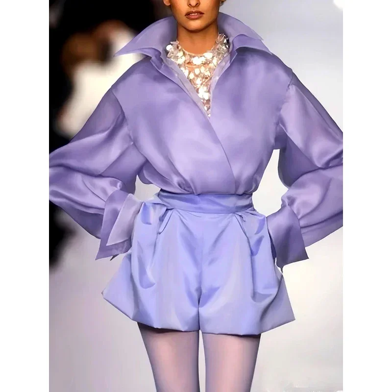 

Missuoo Women's Light Purple Shirts Lapel Collar Long Sleeves Loose Fit Blouse 2025 New Urban Female Elegant Chiffon Blouse