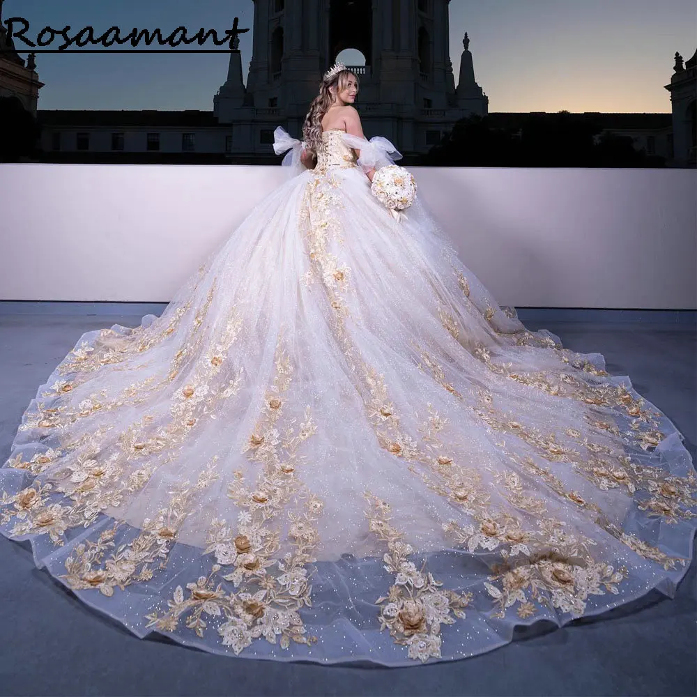 Prinzessin von der Schulter Kristall kugel Kleid Quince anera Kleider Gold 3d Blumen Applikationen Spitze Korsett Vestidos de 15 Años