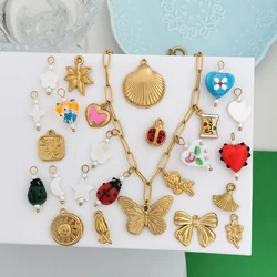 1 Piece Stainless Steel Pendant Charm Heart Rose Shell Star Sun Butterfly Bow Flower Red Gold Color Custom Necklace Wholesale