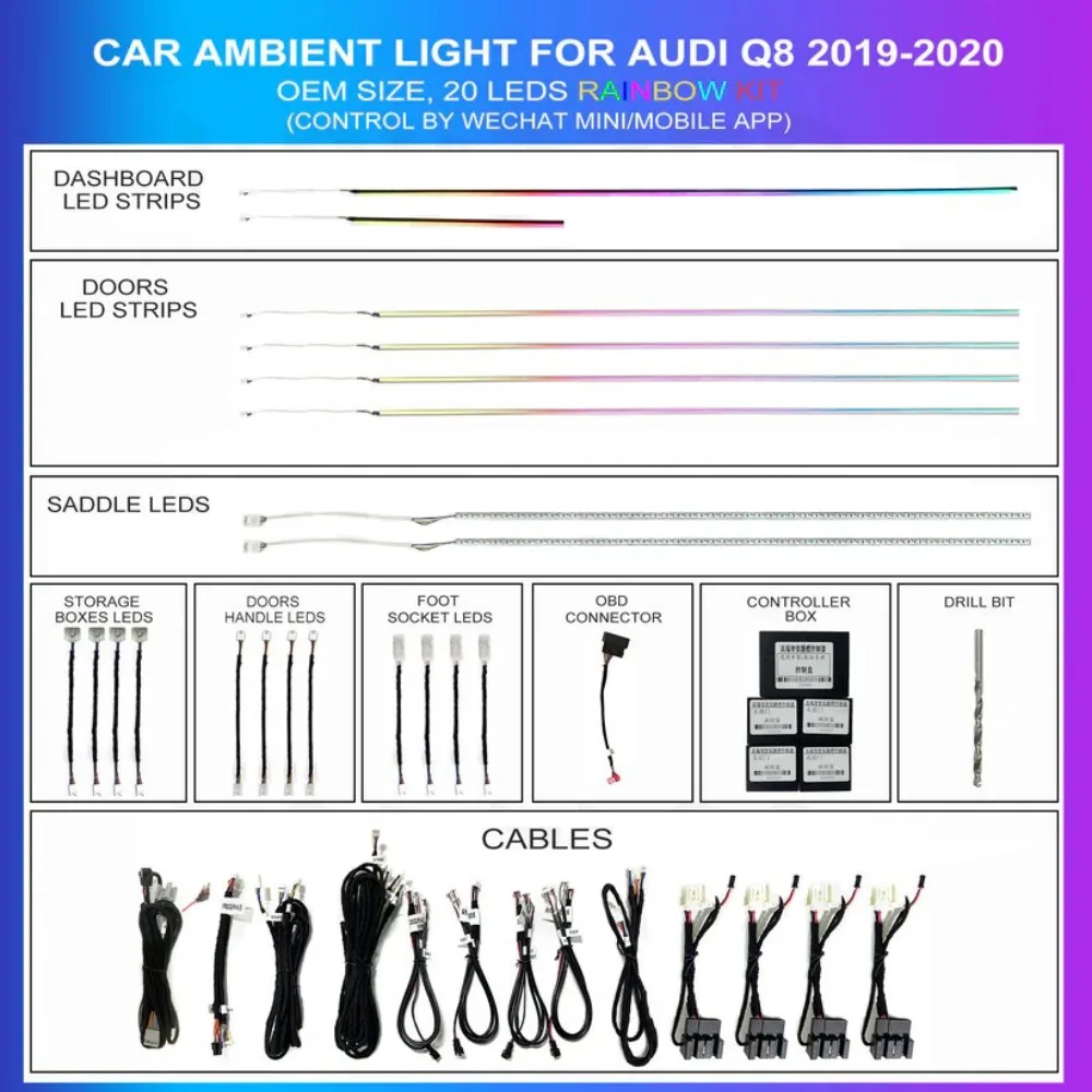 20 Lights Symphony Ambient Light Kit for Q8 2019-2023 Interior Decor LED Atmosphere Lamp Auto Mod Car Mod DIY Enthusiast