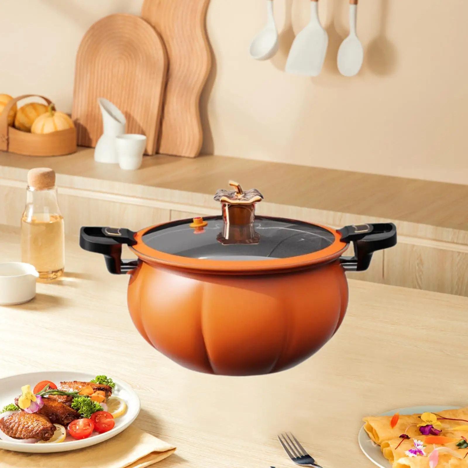 Kitchen Simmer Pot 5L Micro Pressure Non Stick Iron Pumpkin Style Double Handle Saucepan for Family Cooking