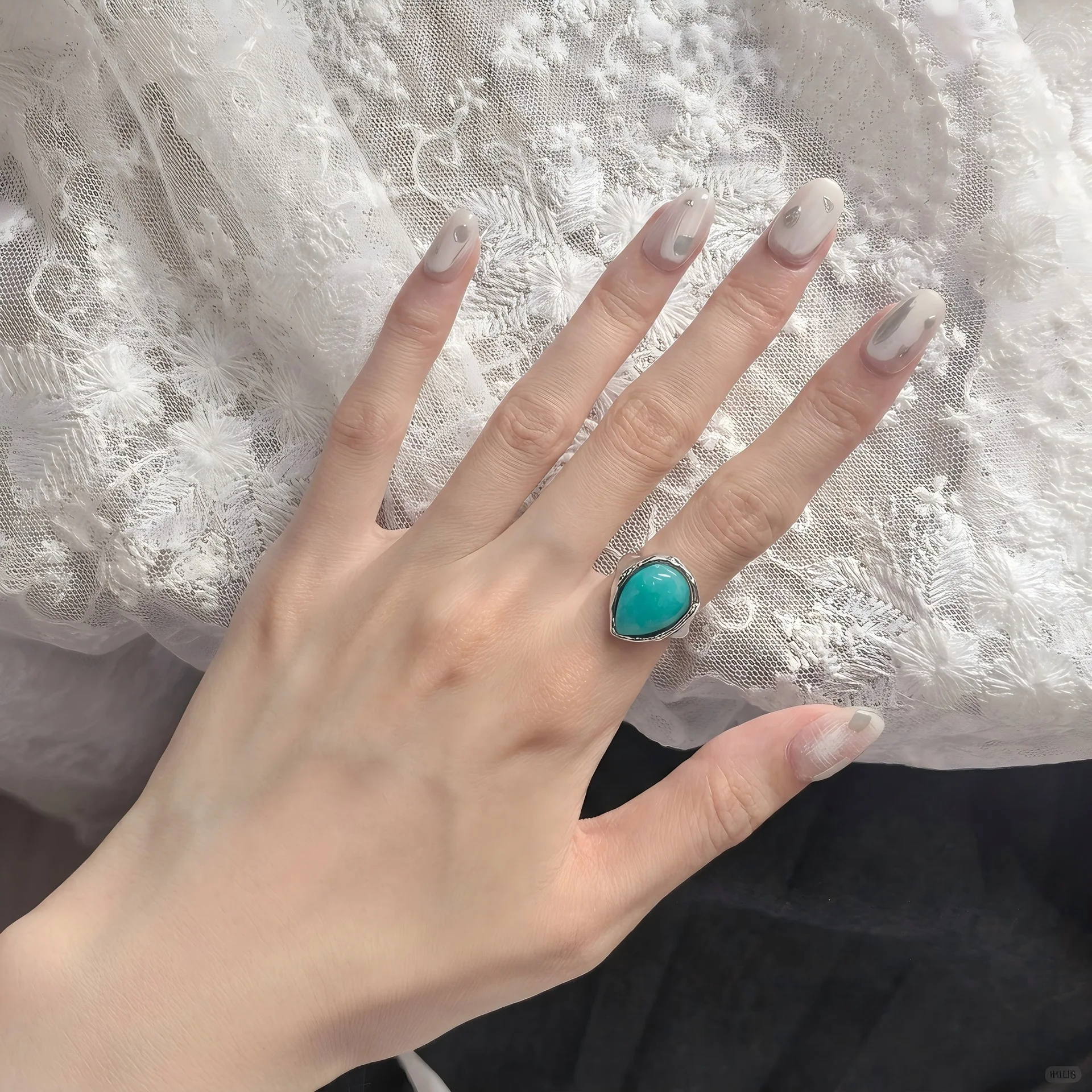 VENTFILLE 925 Sterling Silve Ring  for Women Girl  Droplet Jade Hammer Pattern Edging With Adjustable Jewelry Gift Dropshipping