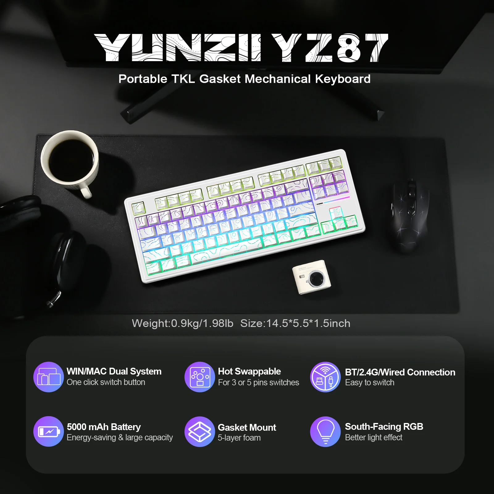 YUNZII YZ87 White Line 75% Mechanical Gaming Keyboard, TKL 87-Key Gasket Wireless Win/Mac Keyboard, Hot Swap NKRO RGB Keyboard