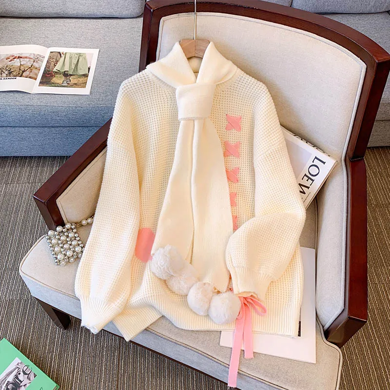 Casual Long Sleeves Elegant Scarf Chic Print Bandage Loose Knit Sweater Top French Vintage Office Lady Winter Plus Size Clothing