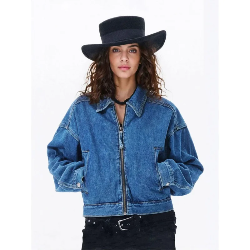 

Fashionable Retro Denim Women's Clothing Casual Versatile Stand up Collar Loose Short Zipper Spring Autumn 2026