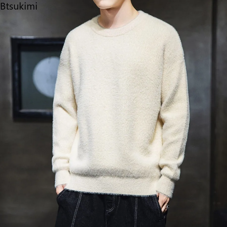 2025 New Men's Imitation Mink Fur Sweater Knitted Sweaters Men Solid Crew Neck Long Sleeve Versatile Warm Casual Top Pullover